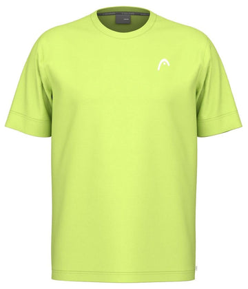 The HEAD Slice II Mens Tennis T-Shirt by HEAD features a lime green, 100% polyester interlock fabric with short sleeves and a round neckline. It has a small white logo on the upper left chest and Moisture Transfer Microfiber technology, all set against a crisp white backdrop.