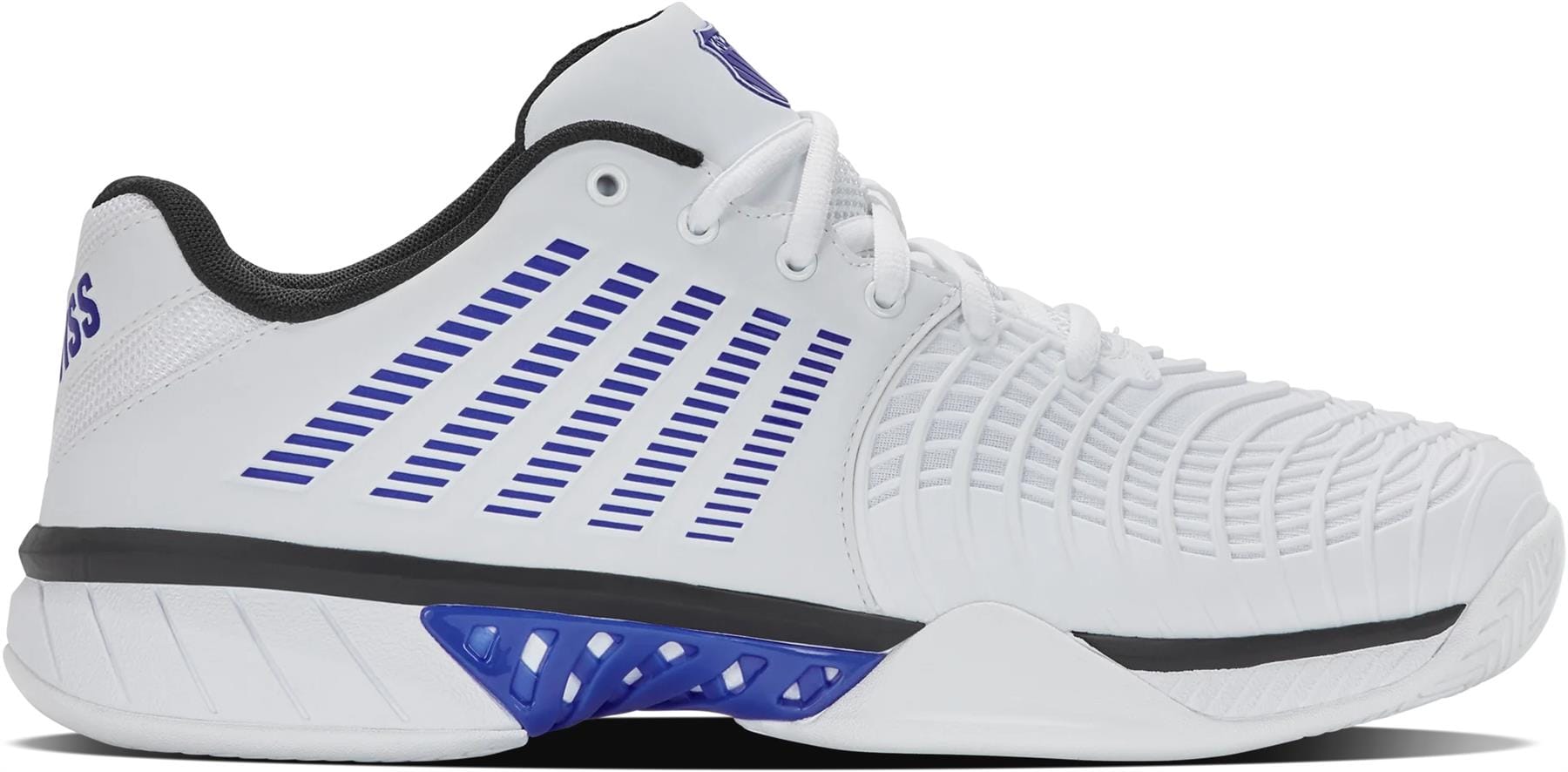 The K-Swiss Express Light 3 Men’s Tennis Shoes in White/Dazzling Blue/Black feature a textured upper, black lining, and a lattice-designed supportive sole for lightweight performance.