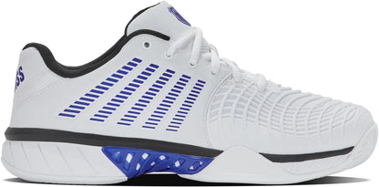The K-Swiss Express Light 3 Men’s Tennis Shoes in White/Dazzling Blue/Black feature a textured upper, black lining, and a lattice-designed supportive sole for lightweight performance.