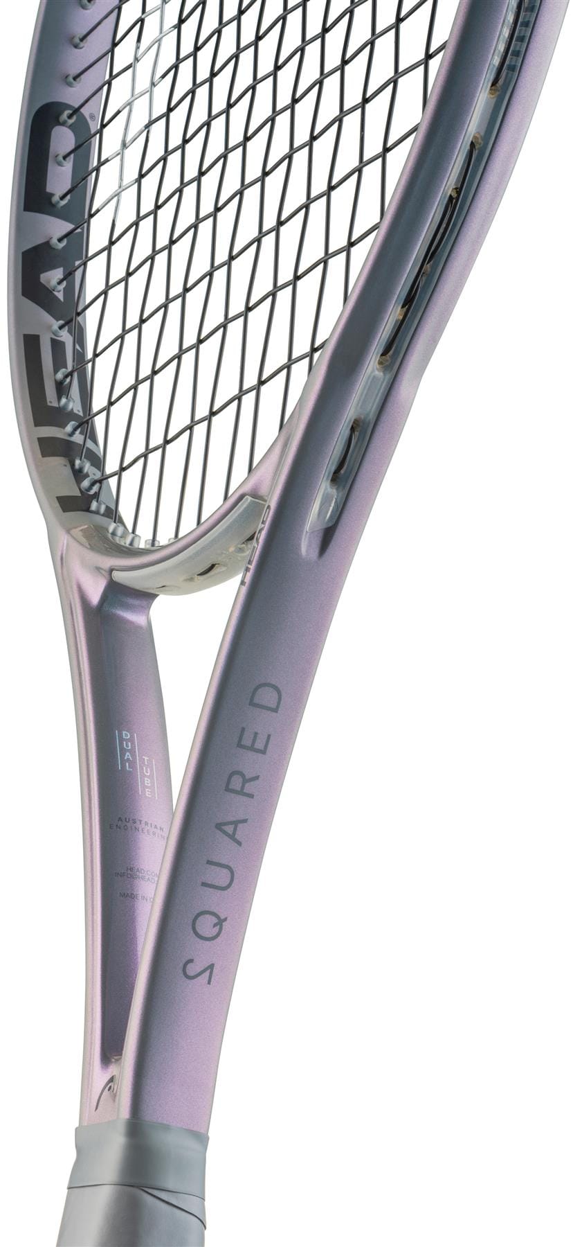 Close-up of the HEAD Squared Tennis Racket’s ultra-light frame and strings, showcasing the HEAD brand with a sleek metallic light purple finish and advanced dual-tube technology.
