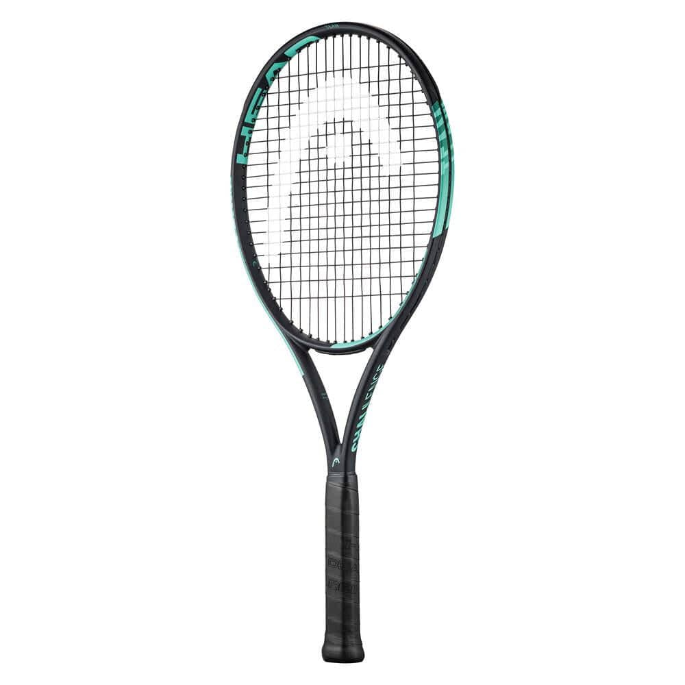 A HEAD IG Challenge Team Tennis Racket in mint color boasts a sleek, full graphite construction with a stylish logo on the strings. Its textured grip handle enhances maneuverability and speed, providing a lightweight yet professional design.