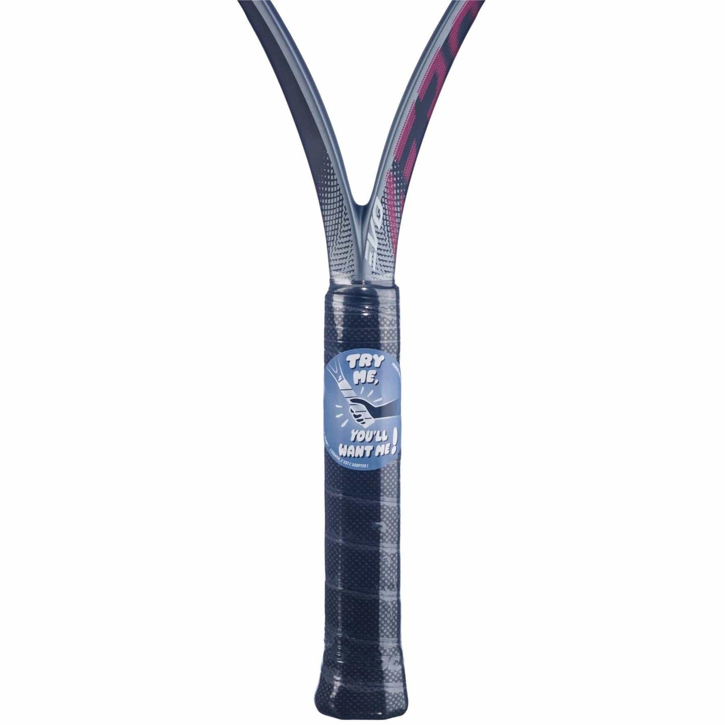 A close-up of the Babolat Evo Aero Pink 2026 Tennis Racket handle wrapped in black grip tape, with a "TRY ME, YOU'LL WANT ME!" sticker and a hand pointing—perfect for intermediate to advanced players.