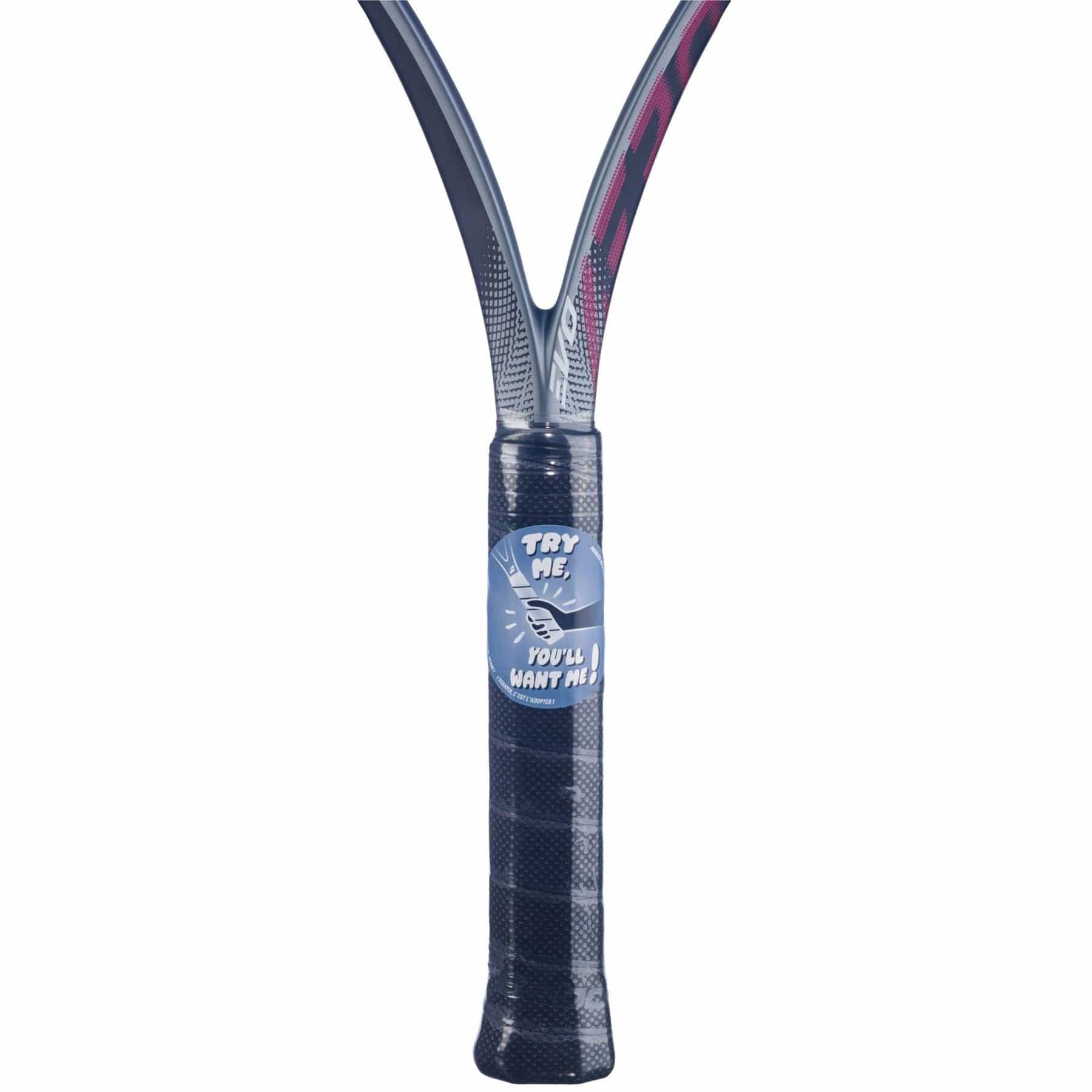 A close-up of the Babolat Evo Aero Pink 2026 Tennis Racket handle wrapped in black grip tape, with a "TRY ME, YOU'LL WANT ME!" sticker and a hand pointing—perfect for intermediate to advanced players.