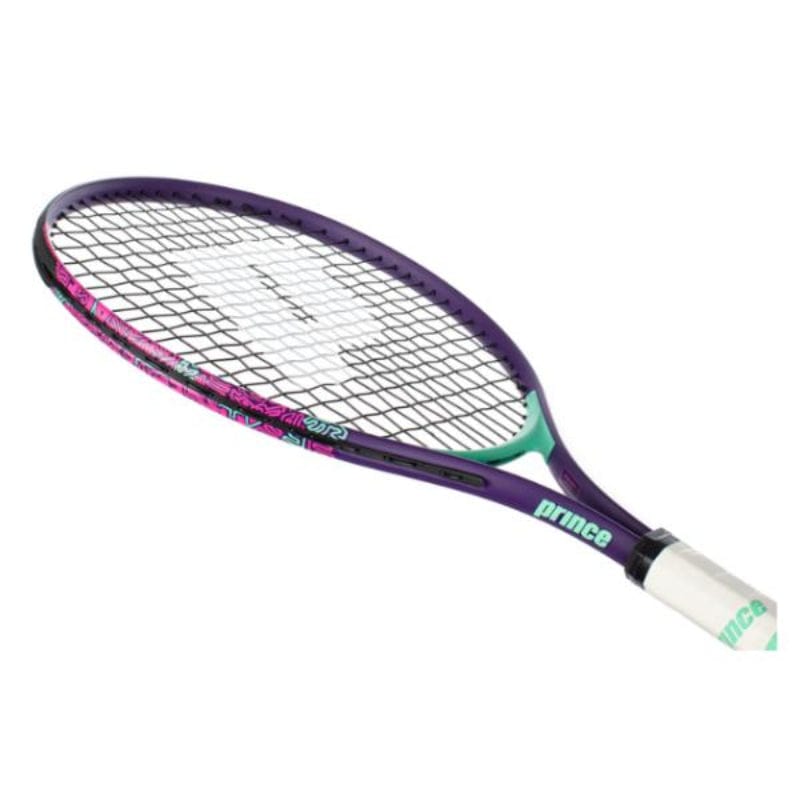 The Prince Ace/Face 26 2025 Junior Tennis Racket in pink and teal, featuring a white grip and black strings, is shown angled against a white background.