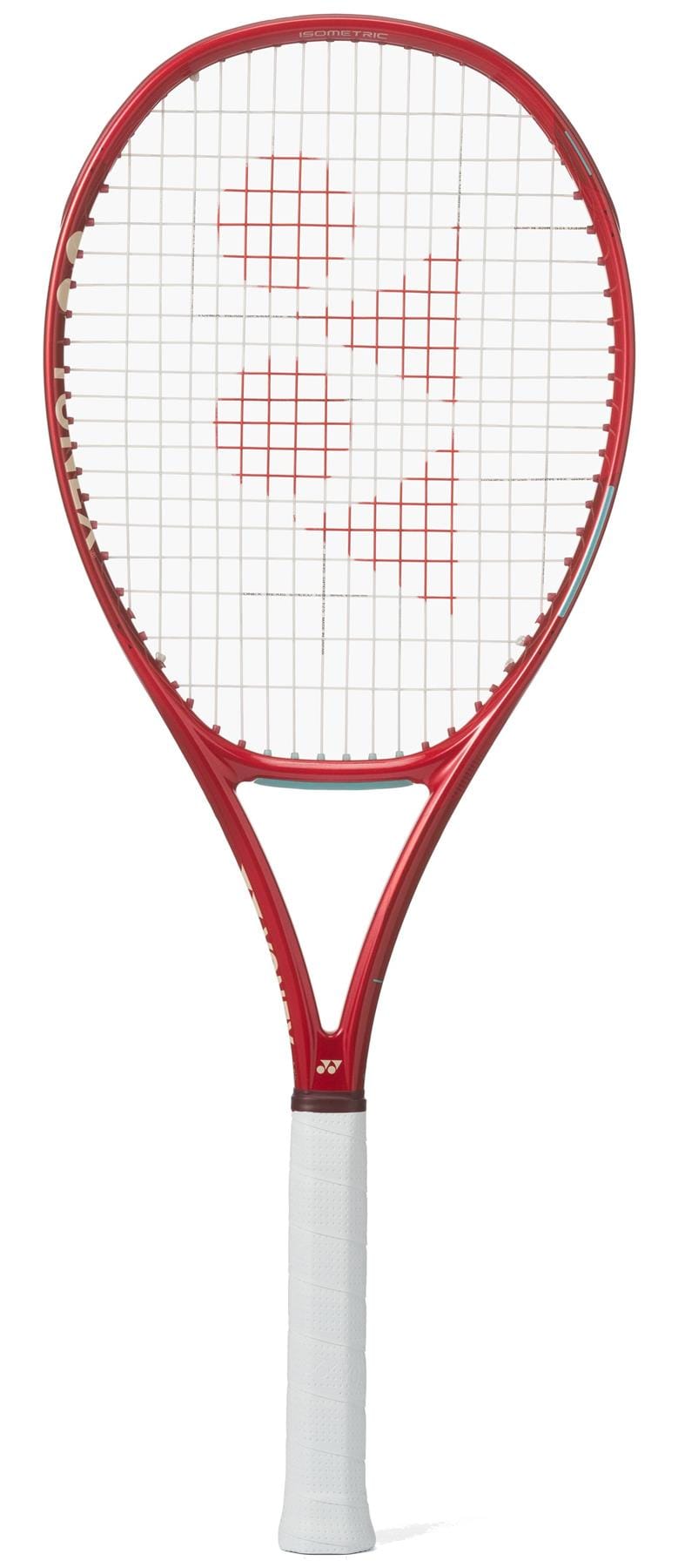 The Yonex VCORE 98 Ruby Red 2026 tennis racket, with a white grip and strings featuring a red logo, is shown upright against a white background—ideal for players maximizing spin.