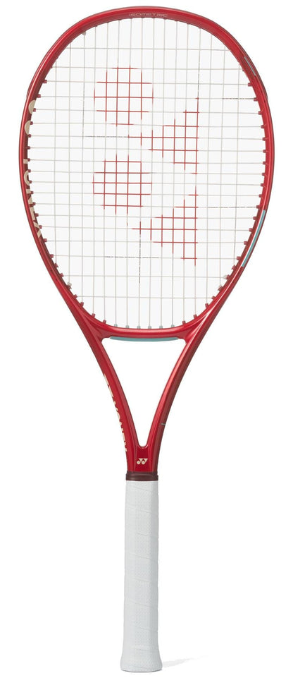 The Yonex VCORE 98 Ruby Red 2026 tennis racket, with a white grip and strings featuring a red logo, is shown upright against a white background—ideal for players maximizing spin.