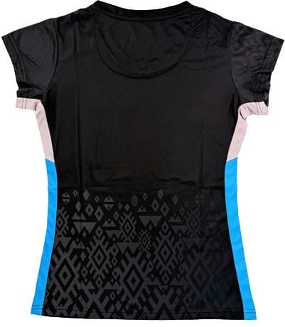 The Yonex YTL11 Womens Tennis T-Shirt - Black features a black upper, light pink shoulders, blue side panels, and a geometric pattern. Lightweight performance fabric offers breathable, quick-drying comfort. Shown laid flat, back side up.