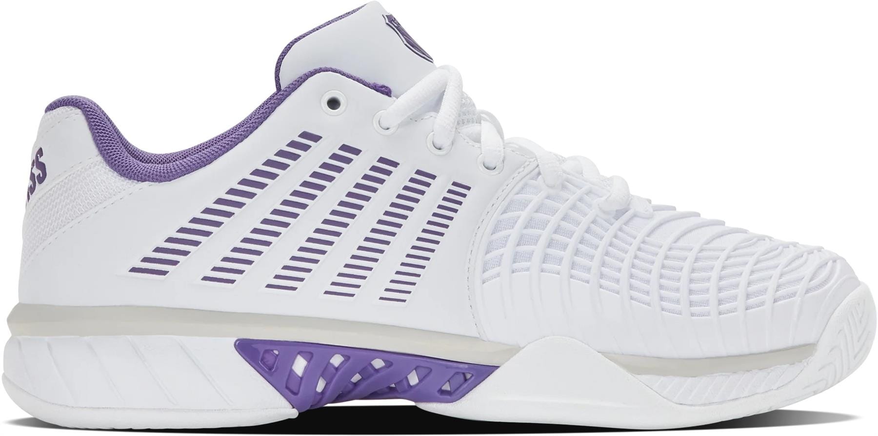 The K-Swiss Express Light 3 Womens Tennis Shoes in White/Purple Haze/Lunar Rock boast a lightweight design with purple accents, textured side pattern, purple lining, white laces, and a white sole with purple arch details.