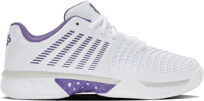 The K-Swiss Express Light 3 Womens Tennis Shoes in White/Purple Haze/Lunar Rock boast a lightweight design with purple accents, textured side pattern, purple lining, white laces, and a white sole with purple arch details.