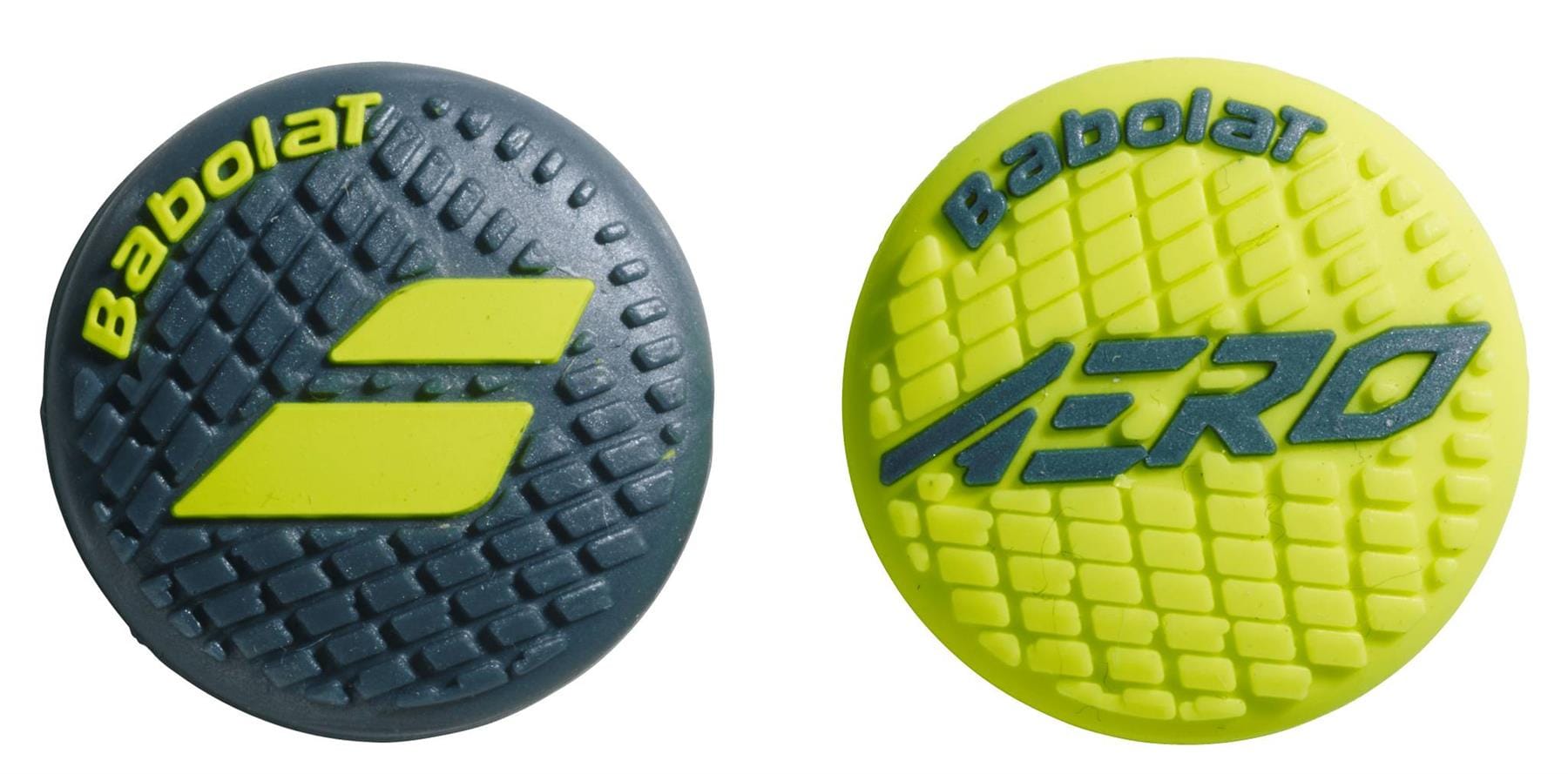 The Babolat Aero Damp X2 2026 Tennis Dampener set includes two circular dampeners with textured surfaces and distinctive logos—perfect vibration control for Pure Aero racket users.