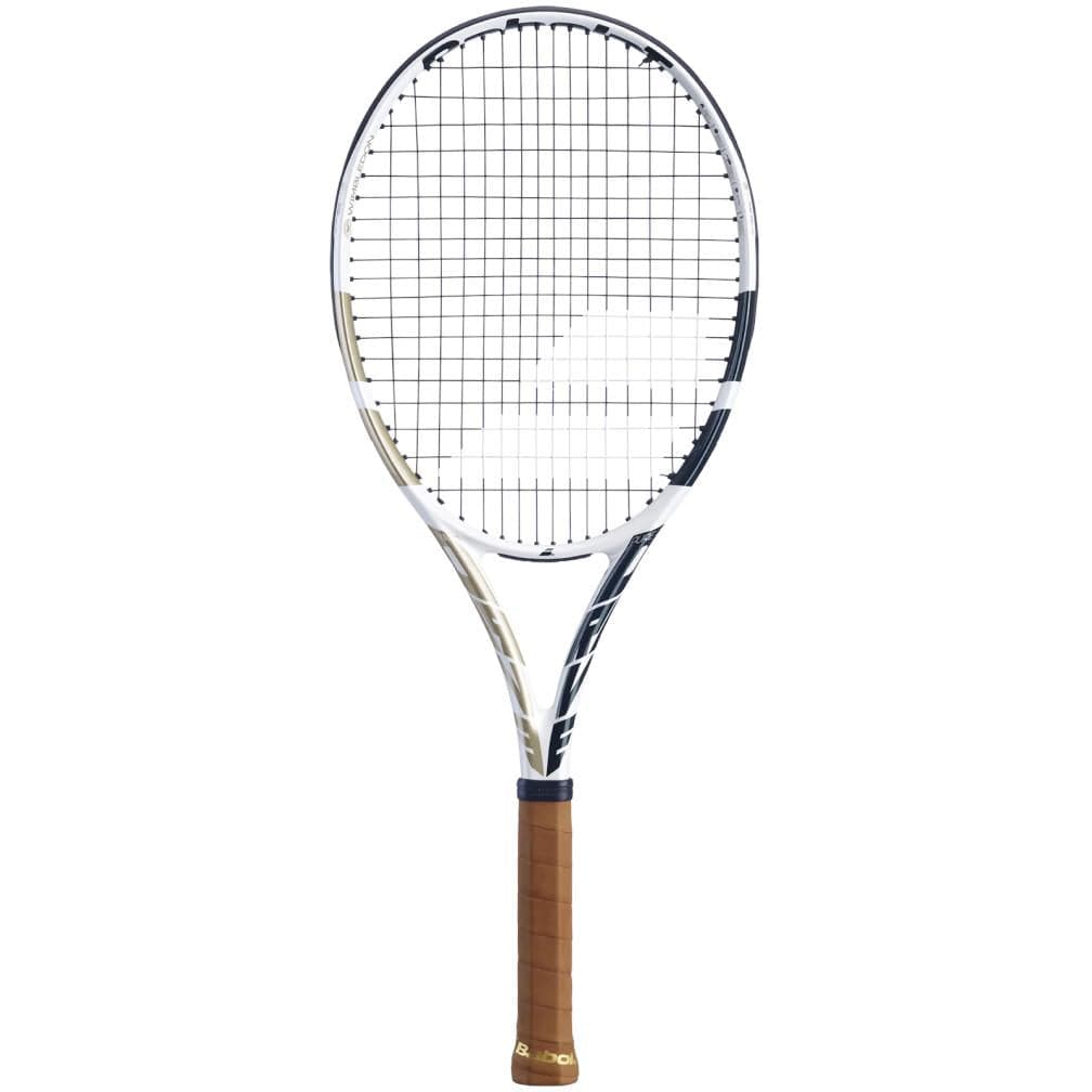 The Babolat Mini Pure Drive Team Wimbledon Tennis Racket features a brown grip and a black, white, and gold frame. Against a plain white background, its tightly woven strings make it both a sports tool and a cherished souvenir for tennis enthusiasts.
