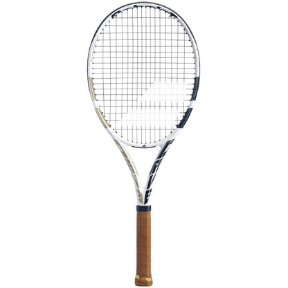 The Babolat Mini Pure Drive Team Wimbledon Tennis Racket features a brown grip and a black, white, and gold frame. Against a plain white background, its tightly woven strings make it both a sports tool and a cherished souvenir for tennis enthusiasts.
