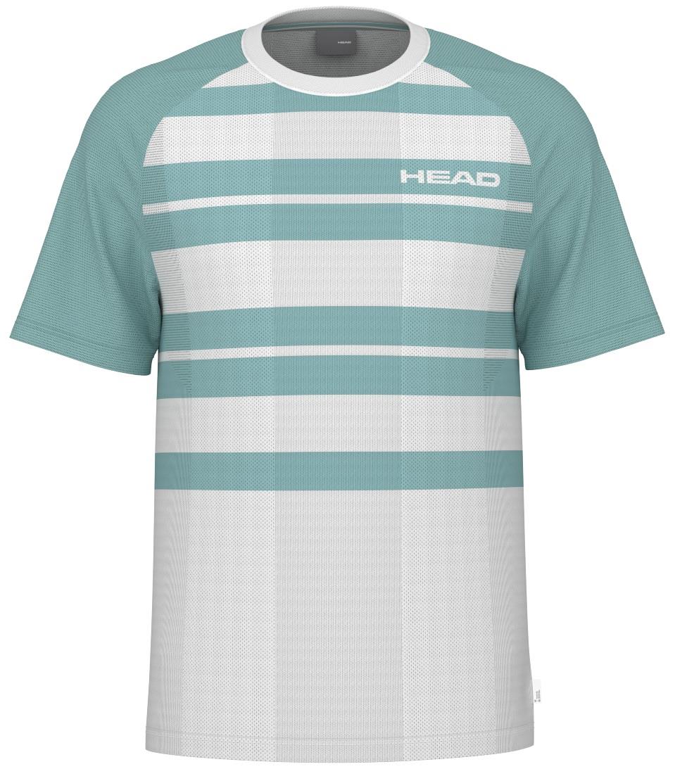 The HEAD Performance Men's Tennis T-Shirt - XPAQ features short sleeves with a teal design and white, teal, and light gray stripes. "HEAD" is subtly near the left shoulder. Made from polyester jacquard with Moisture Transfer Microfiber technology, it provides a mesh-like texture for comfort and style.