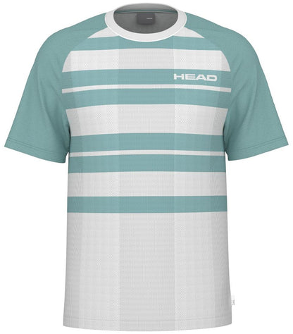 The HEAD Performance Men's Tennis T-Shirt - XPAQ features short sleeves with a teal design and white, teal, and light gray stripes. "HEAD" is subtly near the left shoulder. Made from polyester jacquard with Moisture Transfer Microfiber technology, it provides a mesh-like texture for comfort and style.