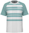 The HEAD Performance Men's Tennis T-Shirt - XPAQ features short sleeves with a teal design and white, teal, and light gray stripes. "HEAD" is subtly near the left shoulder. Made from polyester jacquard with Moisture Transfer Microfiber technology, it provides a mesh-like texture for comfort and style.