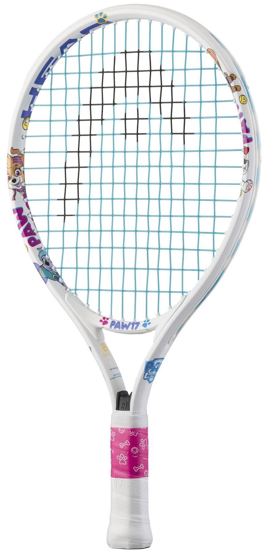The HEAD x Paw Patrol 17 Junior Tennis Racket in white, by HEAD, features blue strings, colorful cartoon animal characters, and paw prints—making it a fun and perfect tennis racket for young Paw Patrol fans.