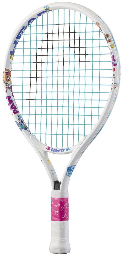 The HEAD x Paw Patrol 17 Junior Tennis Racket in white, by HEAD, features blue strings, colorful cartoon animal characters, and paw prints—making it a fun and perfect tennis racket for young Paw Patrol fans.