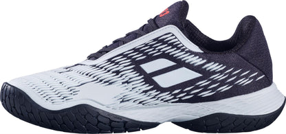 The Babolat Propulse Fury 3 All Court Men's Tennis Shoes in Black/Illusion Blue feature a textured rubber sole, patterned white details on the sides, and a small red logo near the tongue.