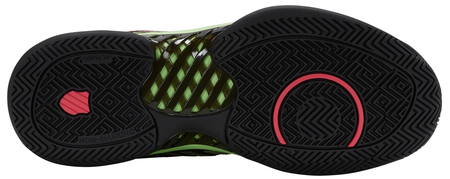 The image shows the black rubber sole of the K-Swiss Hypercourt Express 2 Mens Tennis Shoes, with a zigzag and circular tread, red ring, pink hexagon, and neon green accents visible through a transparent midfoot section.