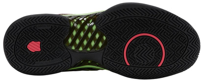 The image shows the black rubber sole of the K-Swiss Hypercourt Express 2 Mens Tennis Shoes, with a zigzag and circular tread, red ring, pink hexagon, and neon green accents visible through a transparent midfoot section.
