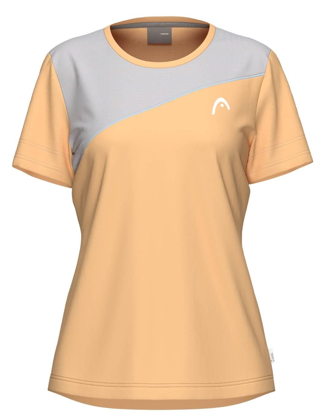 The HEAD Tie-Break Womens Tennis T-Shirt - APLB is a peach short-sleeved athletic shirt with a diagonal light gray panel on the upper chest and shoulder, and a small white HEAD logo on the left side.
