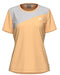 The HEAD Tie-Break Womens Tennis T-Shirt - APLB is a peach short-sleeved athletic shirt with a diagonal light gray panel on the upper chest and shoulder, and a small white HEAD logo on the left side.