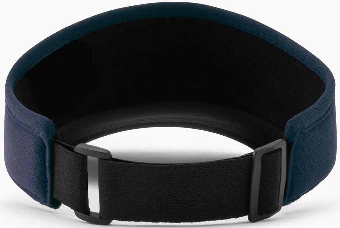 The Yonex 40126EX Tennis Visor in navy blue features a black back with a plastic slide buckle for an adjustable fit, and is made from breathable polyester for comfort on the court.