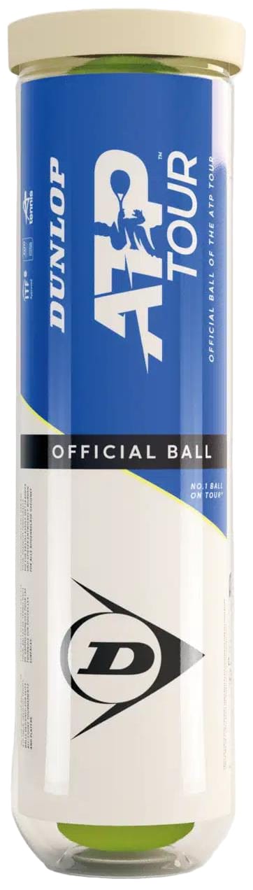 The Dunlop ATP Tour Tennis Balls 4 Ball Tube features blue and white packaging with the Dunlop logo and "Official Ball of the ATP Tour" text, delivering tour-level performance for serious players.