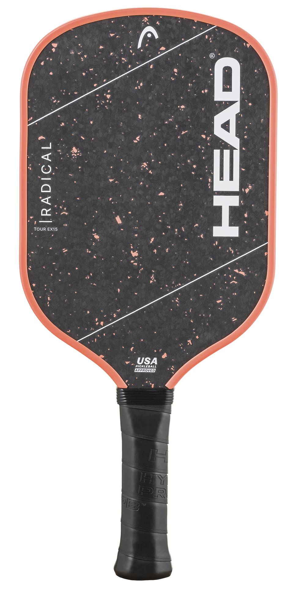 The HEAD Radical Tour EX15 2026 Pickleball Paddle features a black design with orange trim, prominent white HEAD branding, and a textured speckled surface. Its black handle is wrapped for a secure grip, and the paddle’s thermoformed construction offers enhanced durability and high-level performance on the court.