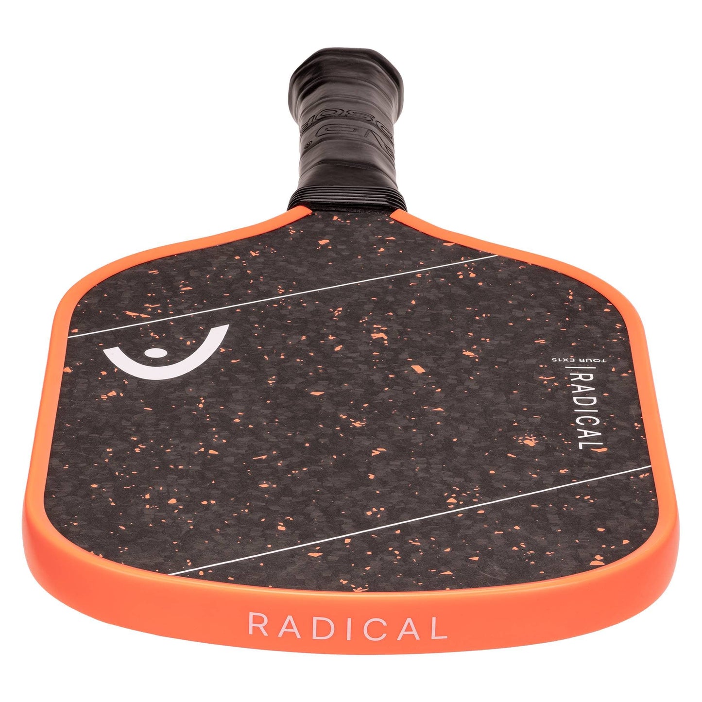 The HEAD Radical Tour EX15 2026 Pickleball Paddle by HEAD features a black design with orange edges, a textured surface accented by orange specks, and "RADICAL" along with the brand's logo printed on the face. Its wrapped black handle and advanced thermoformed construction deliver enhanced performance and durability.