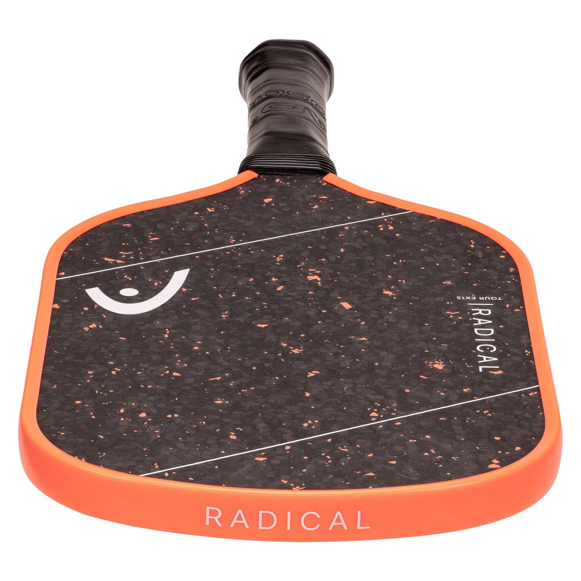The HEAD Radical Tour EX15 2026 Pickleball Paddle by HEAD features a black design with orange edges, a textured surface accented by orange specks, and "RADICAL" along with the brand's logo printed on the face. Its wrapped black handle and advanced thermoformed construction deliver enhanced performance and durability.