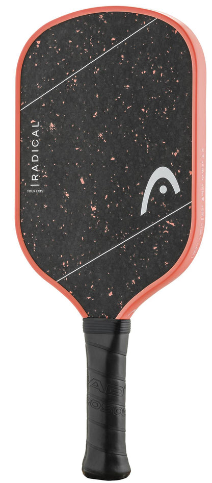 The HEAD Radical Tour EX15 2026 Pickleball Paddle features a black face with orange speckles, an orange border, and a textured black handle. Its thermoformed construction enhances durability, while the word “Radical” and the HEAD logo are prominently displayed on the paddle face.