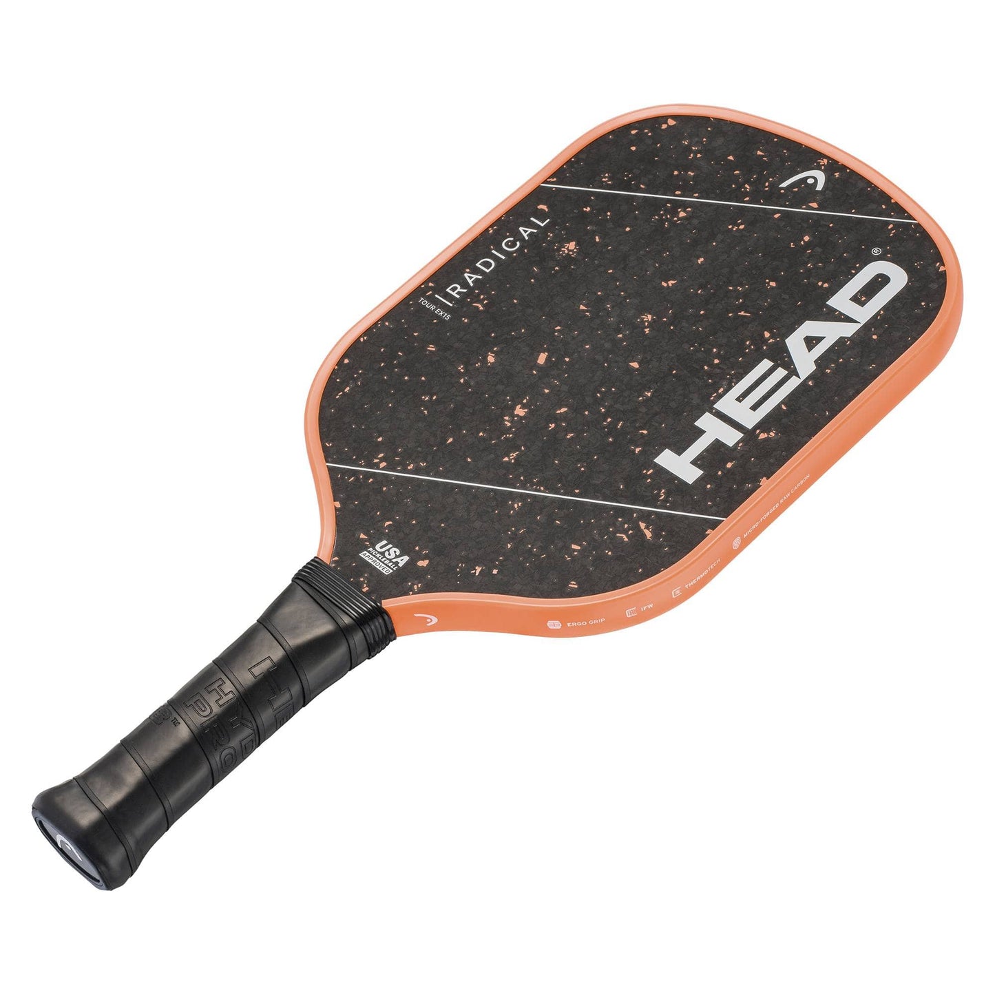 The HEAD Radical Tour EX15 2026 Pickleball Paddle by HEAD features a striking black design with orange edges, a black grip, bold "RADICAL" text, and a speckled pattern on the paddle face. Crafted using advanced thermoformed construction, this paddle offers enhanced durability and performance.