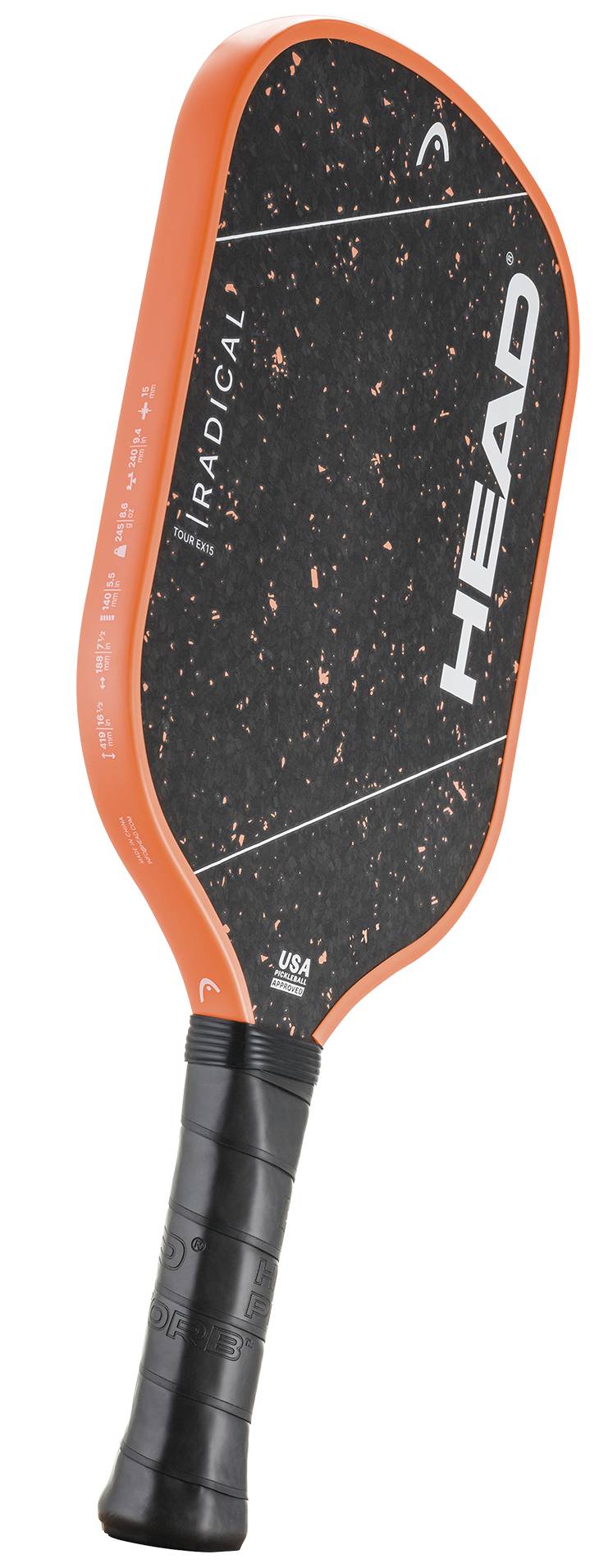 A HEAD Radical Tour EX15 2026 Pickleball Paddle, featuring an orange border, a speckled black carbon hitting surface, and a black grip, is displayed standing upright against a white background.