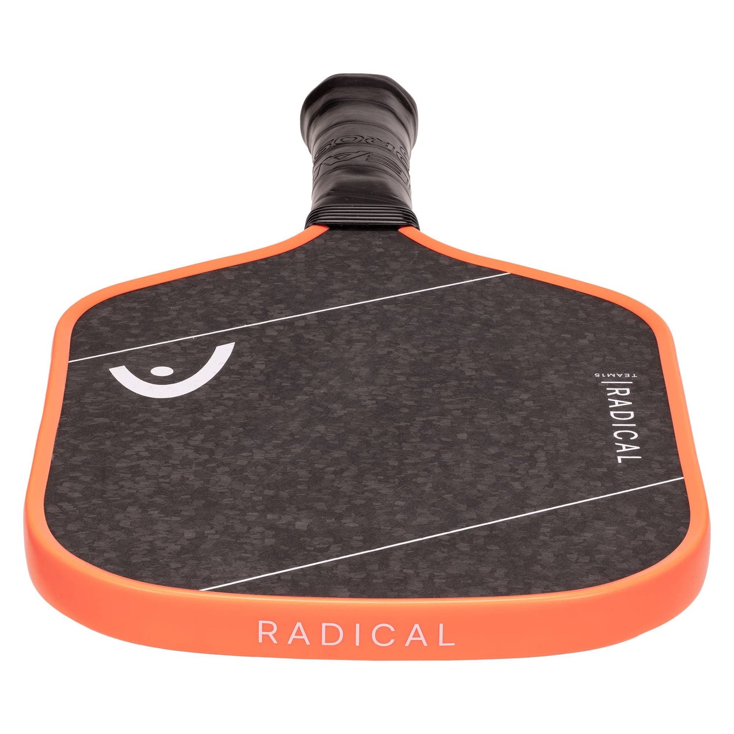 The HEAD Radical Team 15 2026 Pickleball Paddle by HEAD features a black and orange design with "RADICAL" printed on both the face and edge. Its surface displays a subtle diagonal line pattern, includes a white logo near the top left, and incorporates a TriFlex core for enhanced performance.