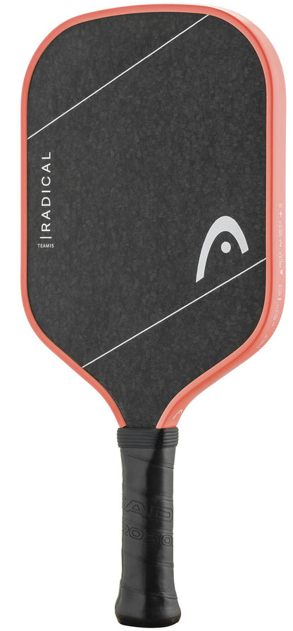 A black raw carbon HEAD Radical Team 15 2026 Pickleball Paddle with a red edge, diagonal white lines, and the word "RADICAL" on the left side. It features advanced TriFlex core technology and a black handle with a textured grip.