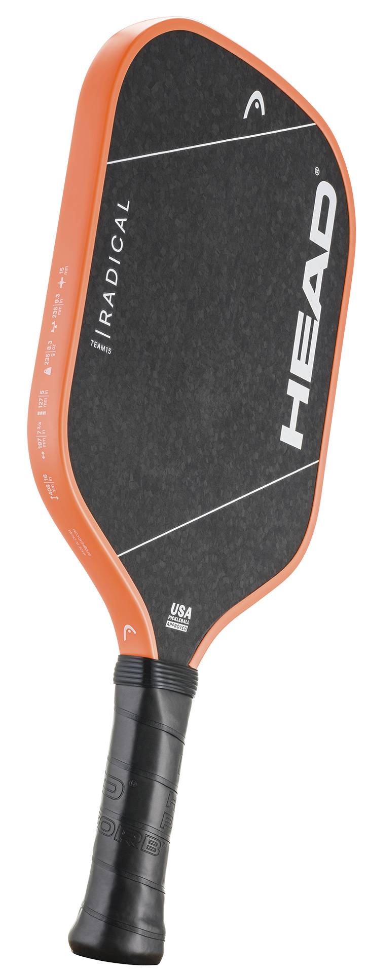 The HEAD Radical Team 15 2026 Pickleball Paddle features an orange edge, a black face with white branding and text on the face and side, as well as a black grip. It is equipped with a TriFlex core for enhanced performance.