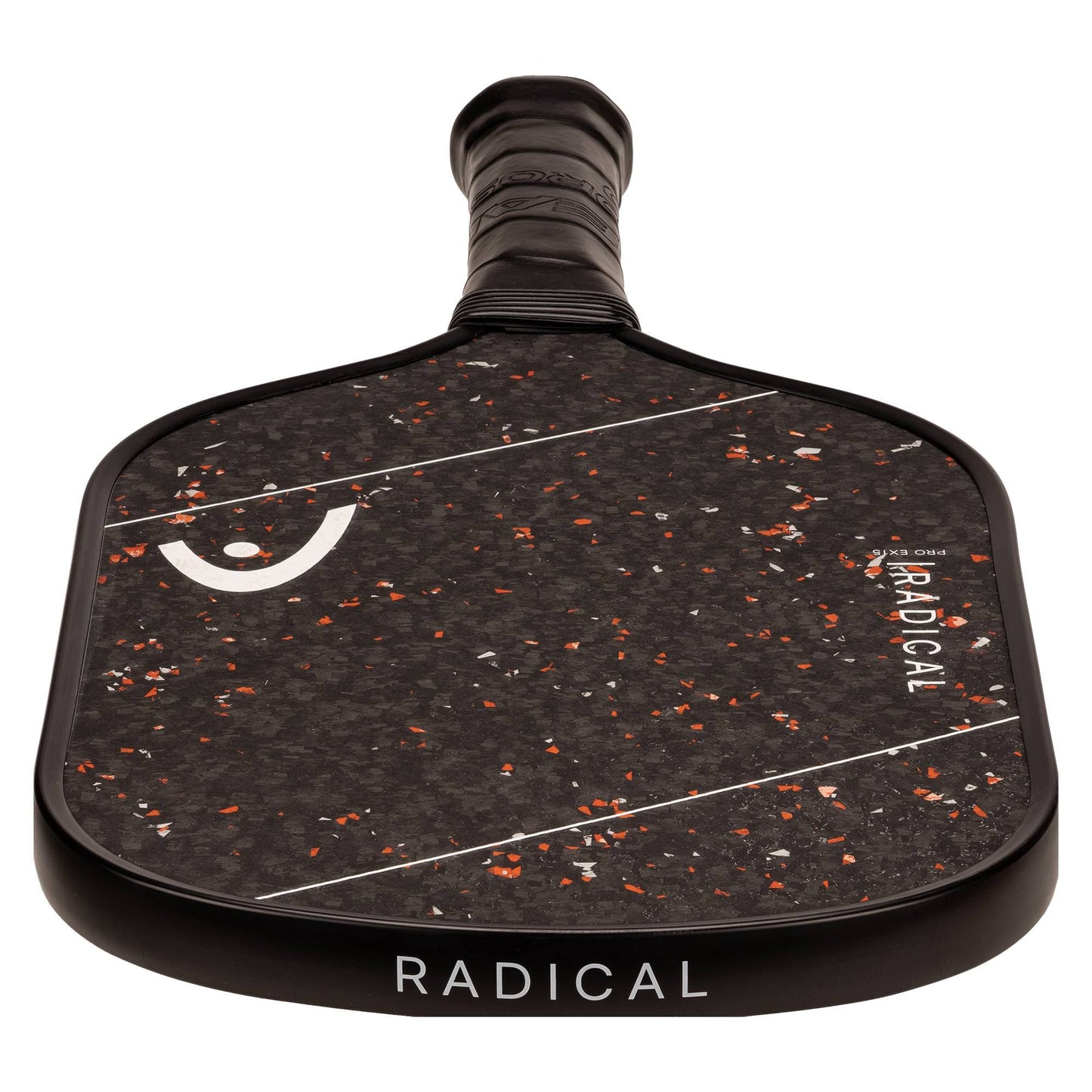A close-up view of the HEAD Radical Pro EX15 2026 Pickleball Paddle, featuring orange and white specks, the word "RADICAL" on both the handle and face, a raw carbon surface, and a textured grip.