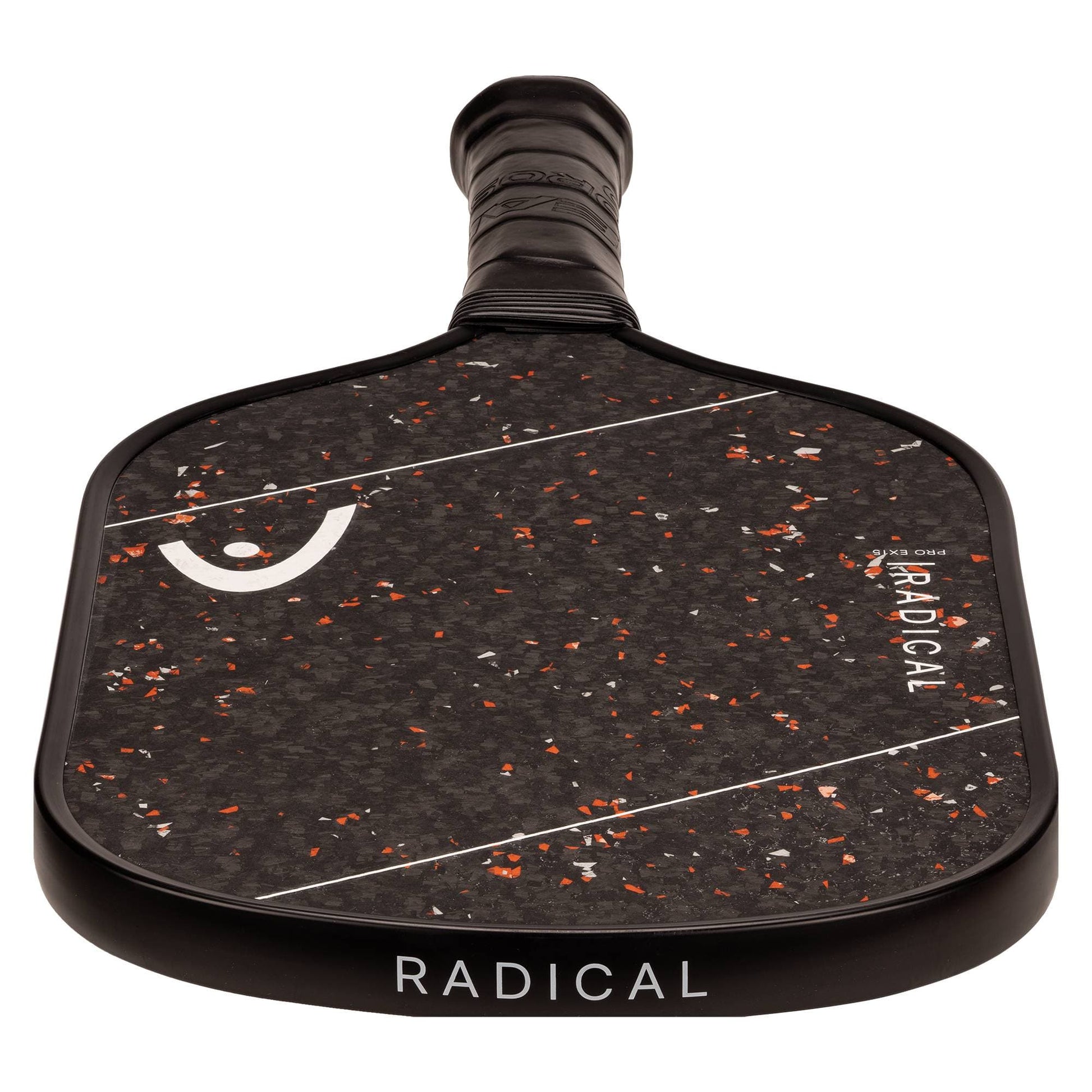 A close-up view of the HEAD Radical Pro EX15 2026 Pickleball Paddle, featuring orange and white specks, the word "RADICAL" on both the handle and face, a raw carbon surface, and a textured grip.