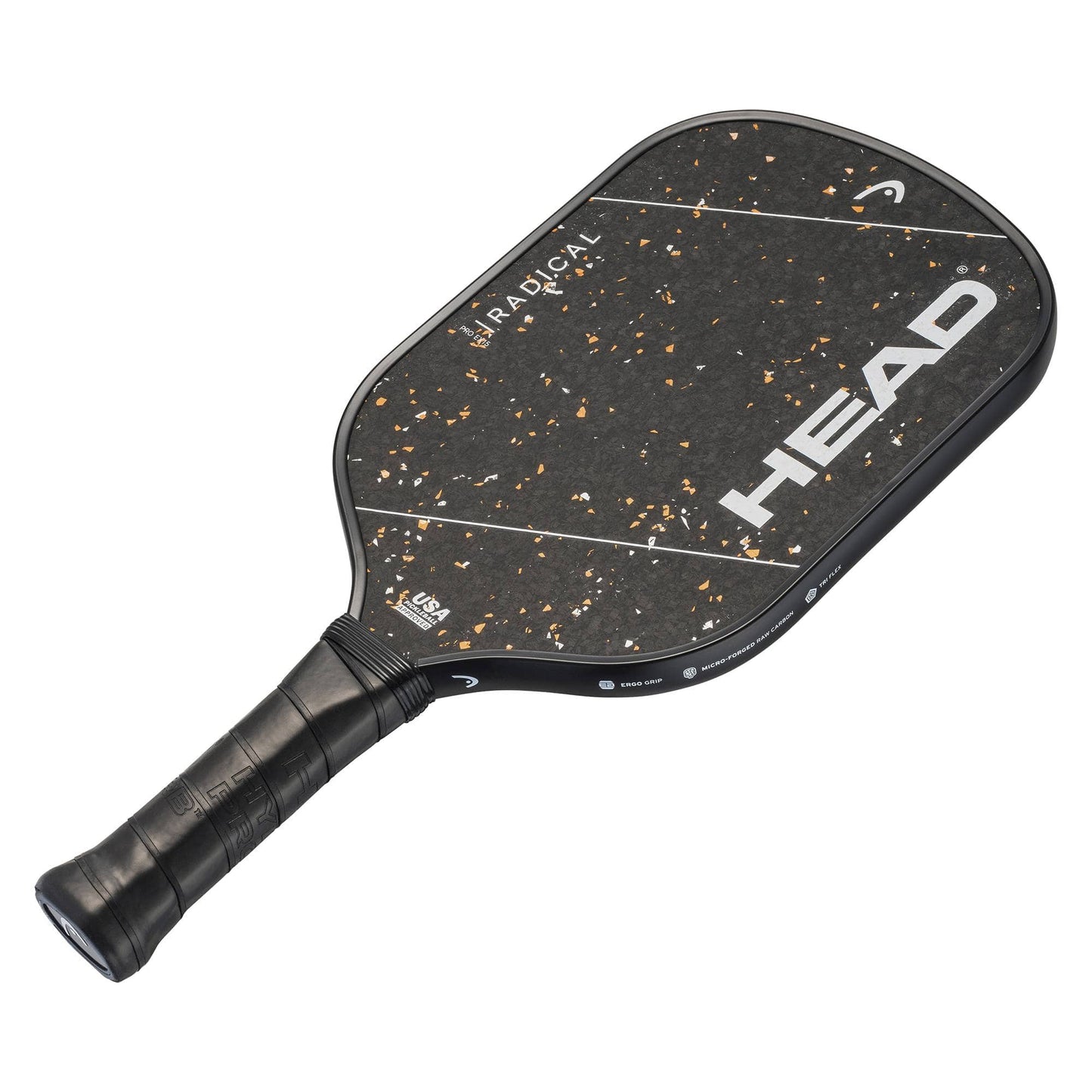 The HEAD Radical Pro EX15 2026 Pickleball Paddle features a black design with orange speckles, the word "RADICAL" displayed near the top, and a black wrapped grip. Sporting a raw carbon surface, this HEAD paddle is shown against a white background.