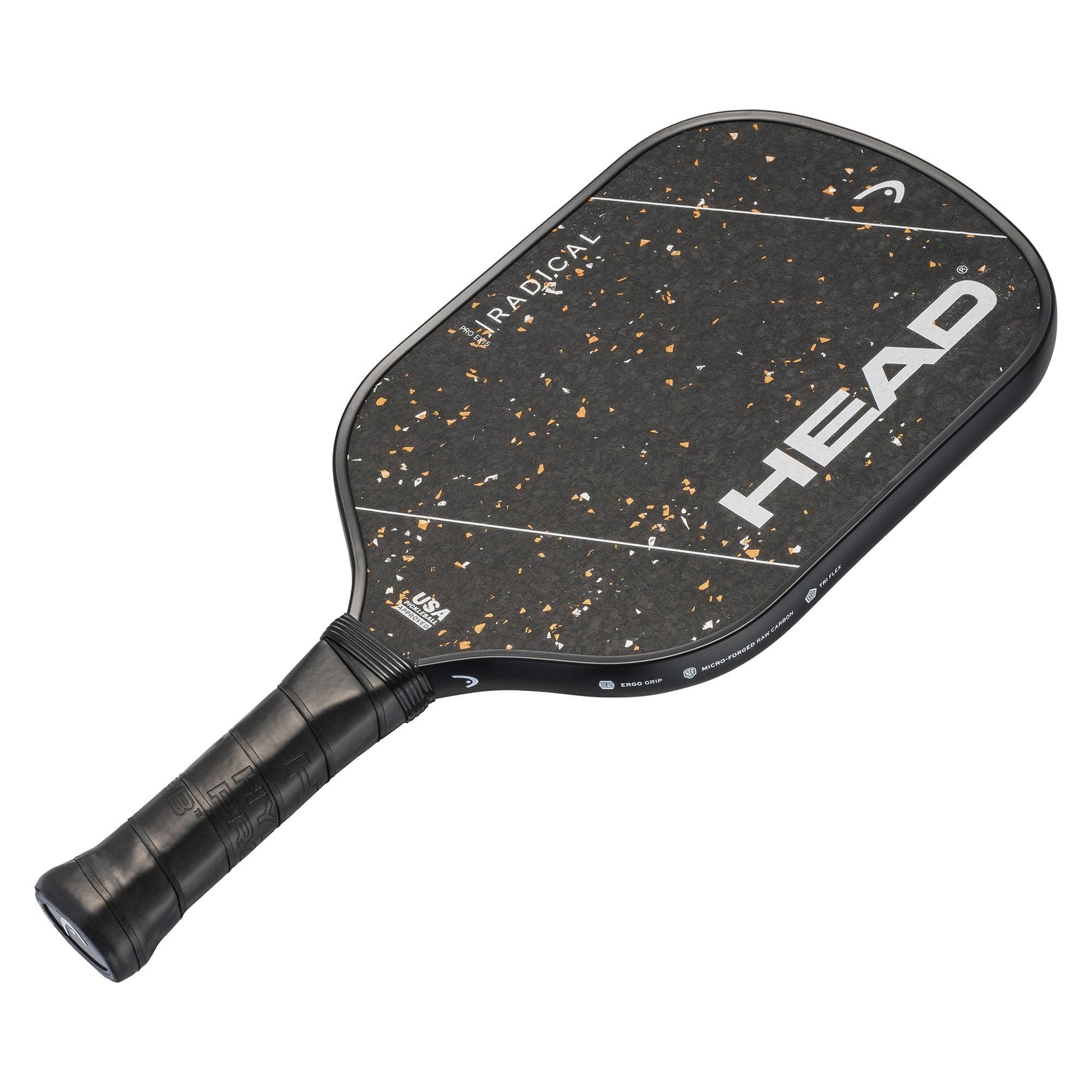 The HEAD Radical Pro EX15 2026 Pickleball Paddle features a black design with orange speckles, the word "RADICAL" displayed near the top, and a black wrapped grip. Sporting a raw carbon surface, this HEAD paddle is shown against a white background.
