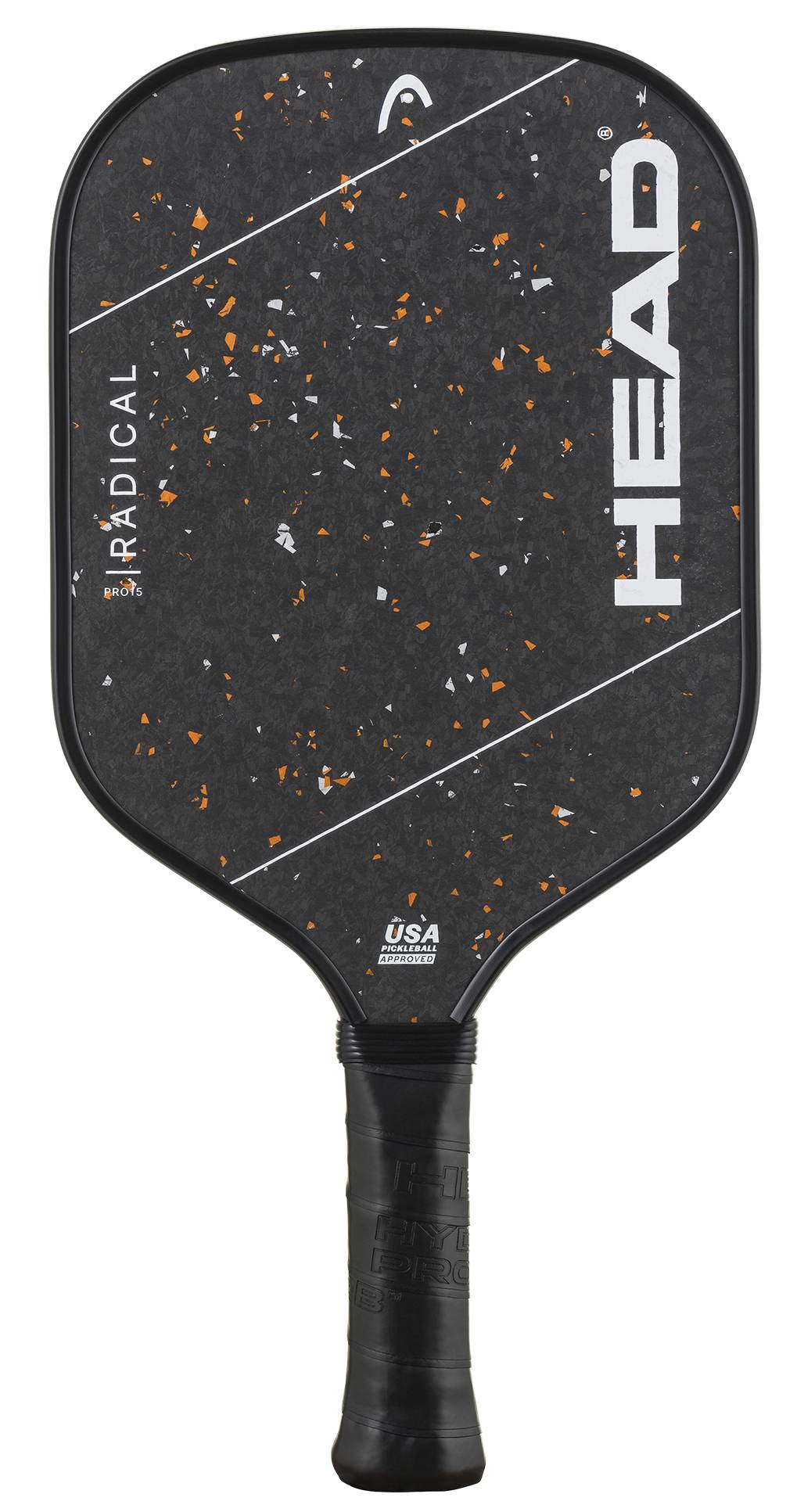The HEAD Radical Pro 15 2026 Pickleball Paddle is a black paddle from HEAD, featuring a TriFlex Versatility Core and a textured, raw carbon surface. It is accented with white diagonal stripes, orange specks, and has a black grip. Both the HEAD logo and the USA Pickleball logo are visible on the paddle.