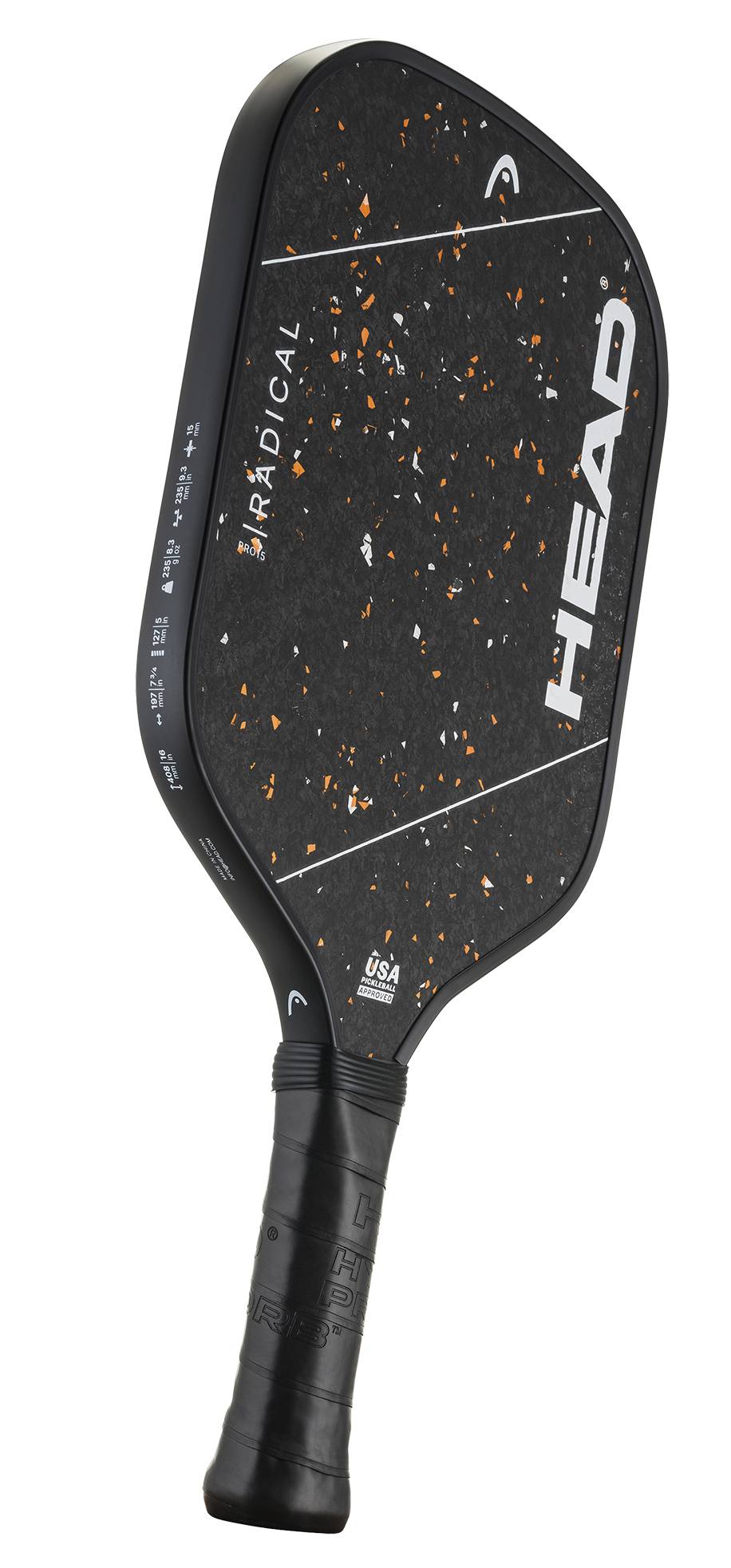 A HEAD Radical Pro 15 2026 Pickleball Paddle in black with a speckled design is displayed against a white background. Featuring white HEAD branding and a black grip handle, this paddle is equipped with the innovative TriFlex Versatility Core and a premium raw carbon surface, delivering exceptional performance on the court.