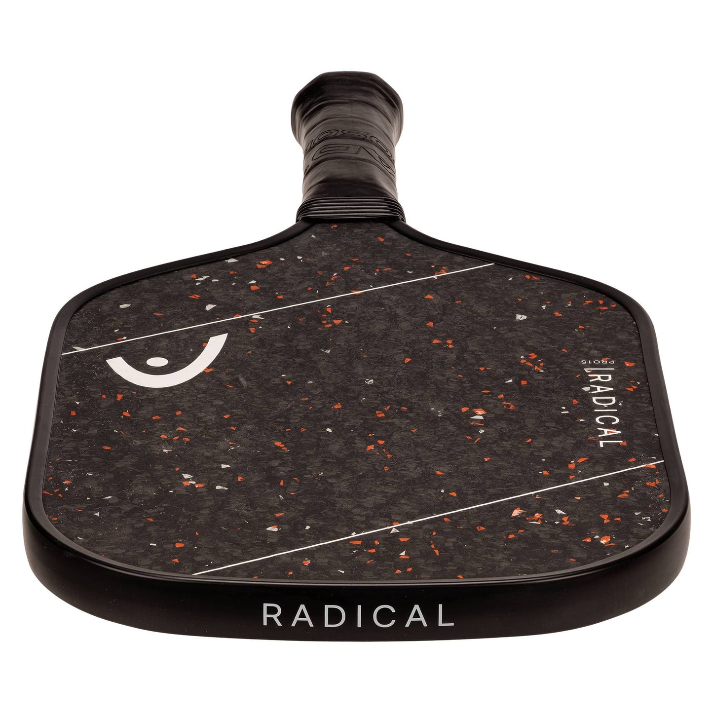 Close-up of the HEAD Radical Pro 15 2026 pickleball paddle in black, showcasing a speckled pattern and diagonal lines, with "RADICAL" printed on both the face and edge. This paddle features a raw carbon surface and TriFlex Versatility Core from HEAD for enhanced control and performance.