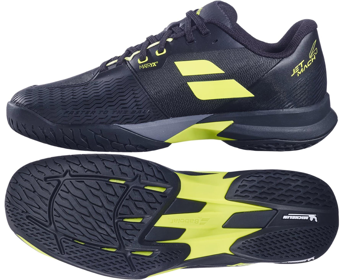 The Babolat Jet Mach 4 All Court Men's Tennis Shoes in Black/Aero are shown, highlighting the sleek side profile and tread pattern. Sporty branding and agility-focused design emphasize performance and style.