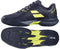 The Babolat Jet Mach 4 All Court Men's Tennis Shoes in Black/Aero are shown, highlighting the sleek side profile and tread pattern. Sporty branding and agility-focused design emphasize performance and style.