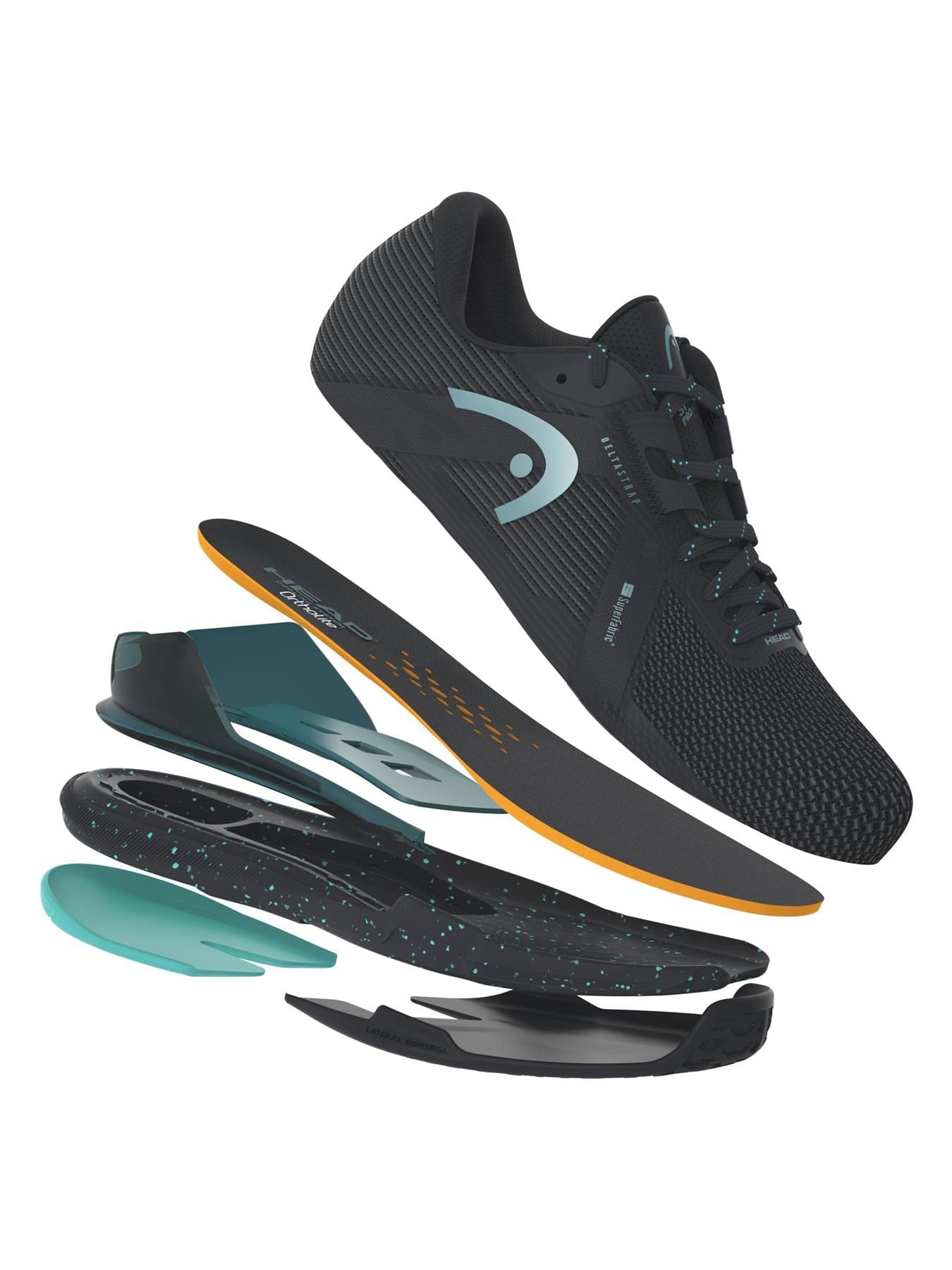 The HEAD Sprint Pro 4.0 SF Men's Tennis Shoes in black/teal are displayed in an exploded, floating view, highlighting the SuperFabric upper and separate sole layers against a white background.