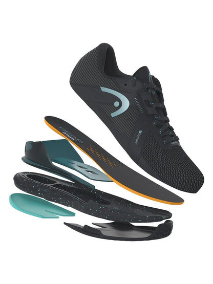 The HEAD Sprint Pro 4.0 SF Men's Tennis Shoes in black/teal are displayed in an exploded, floating view, highlighting the SuperFabric upper and separate sole layers against a white background.