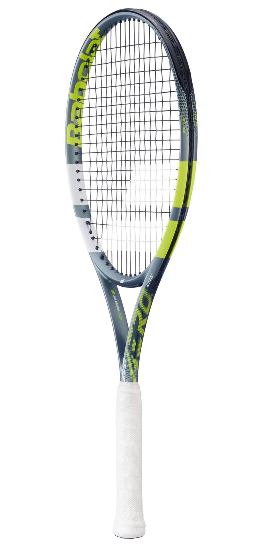 The Babolat Evo Aero Lite 2026 Tennis Racket by Babolat, featuring a grey, black, and yellow frame with black strings and a white grip, stands upright against a plain white background.