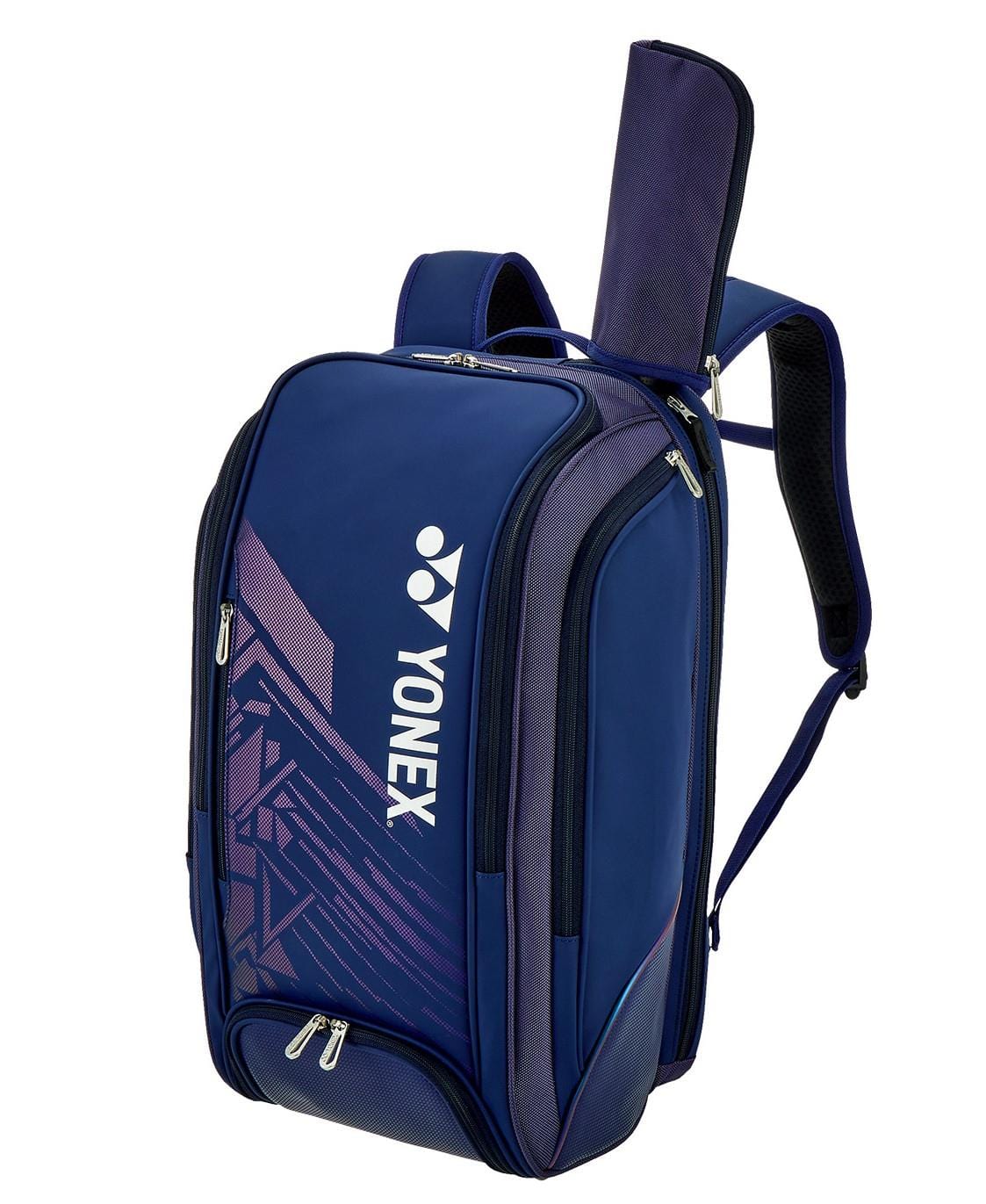The Yonex 02512EX Expert Tennis Backpack in Navy Blue is designed for tournament players, featuring a geometric pattern, multiple zippered compartments, adjustable shoulder straps, and a dedicated side pocket for your racket.